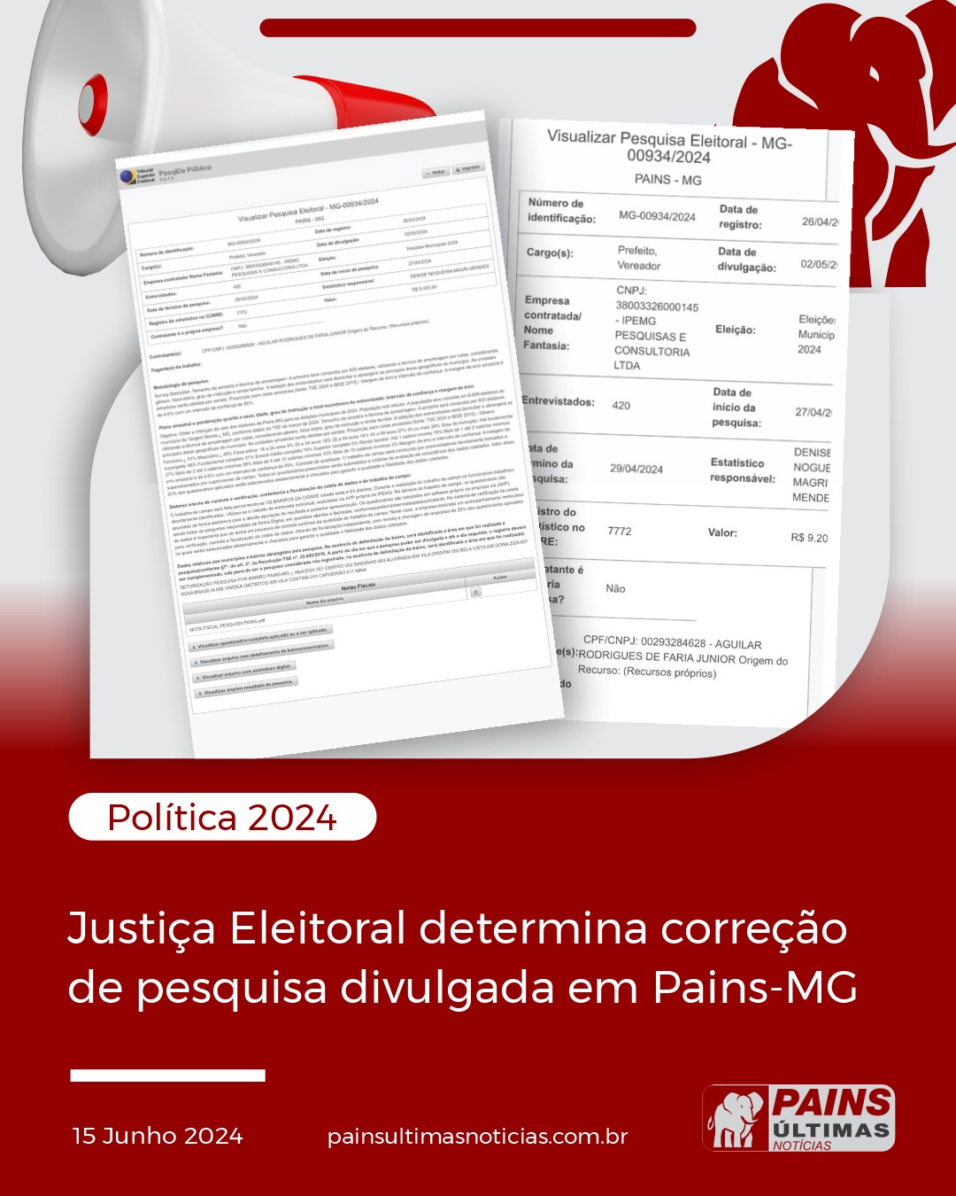 Justiça Eleitoral determina correção de pesquisa divulgada em Pains