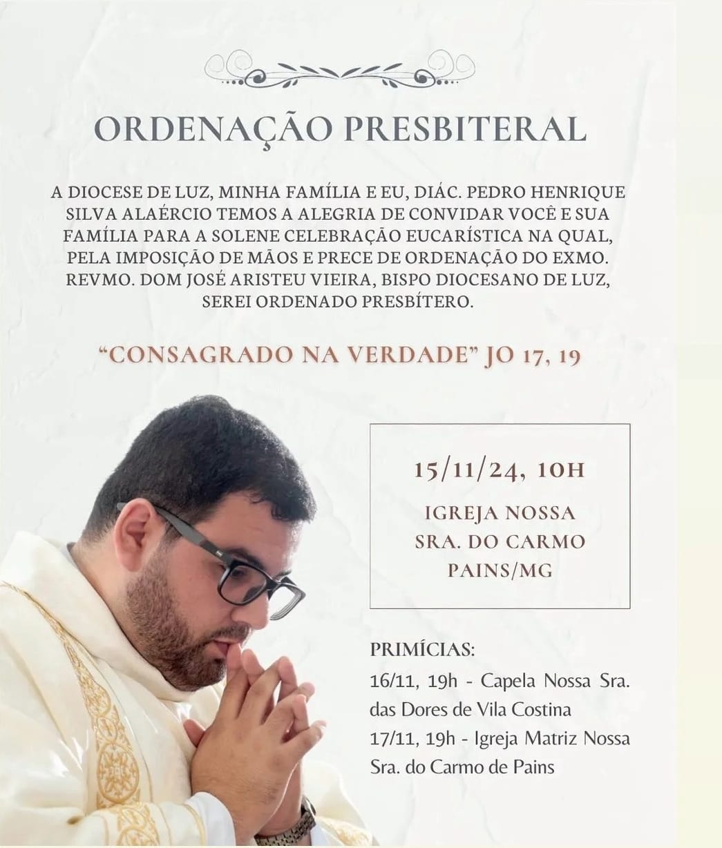 Painense Diácono Pedro Henrique será ordenado presbítero em Pains no dia 15 de novembro