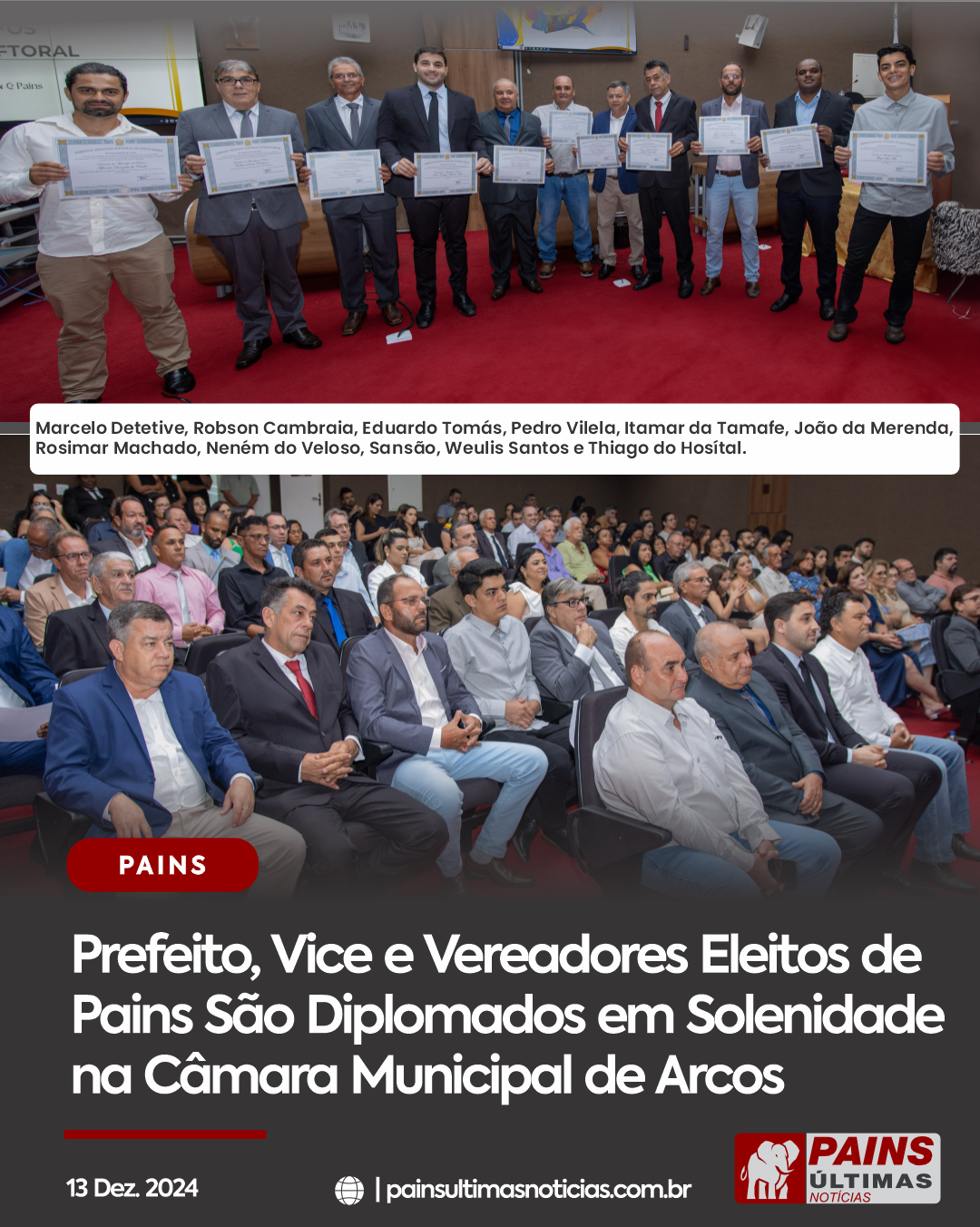 Prefeito, Vice e Vereadores Eleitos de Pains São Diplomados em Solenidade na Câmara Municipal de Arcos