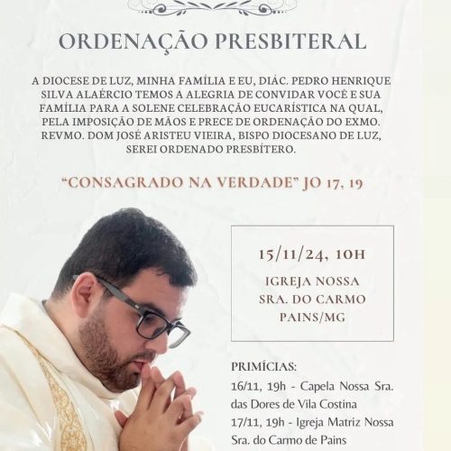 Painense Diácono Pedro Henrique será ordenado presbítero em Pains no dia 15 de novembro